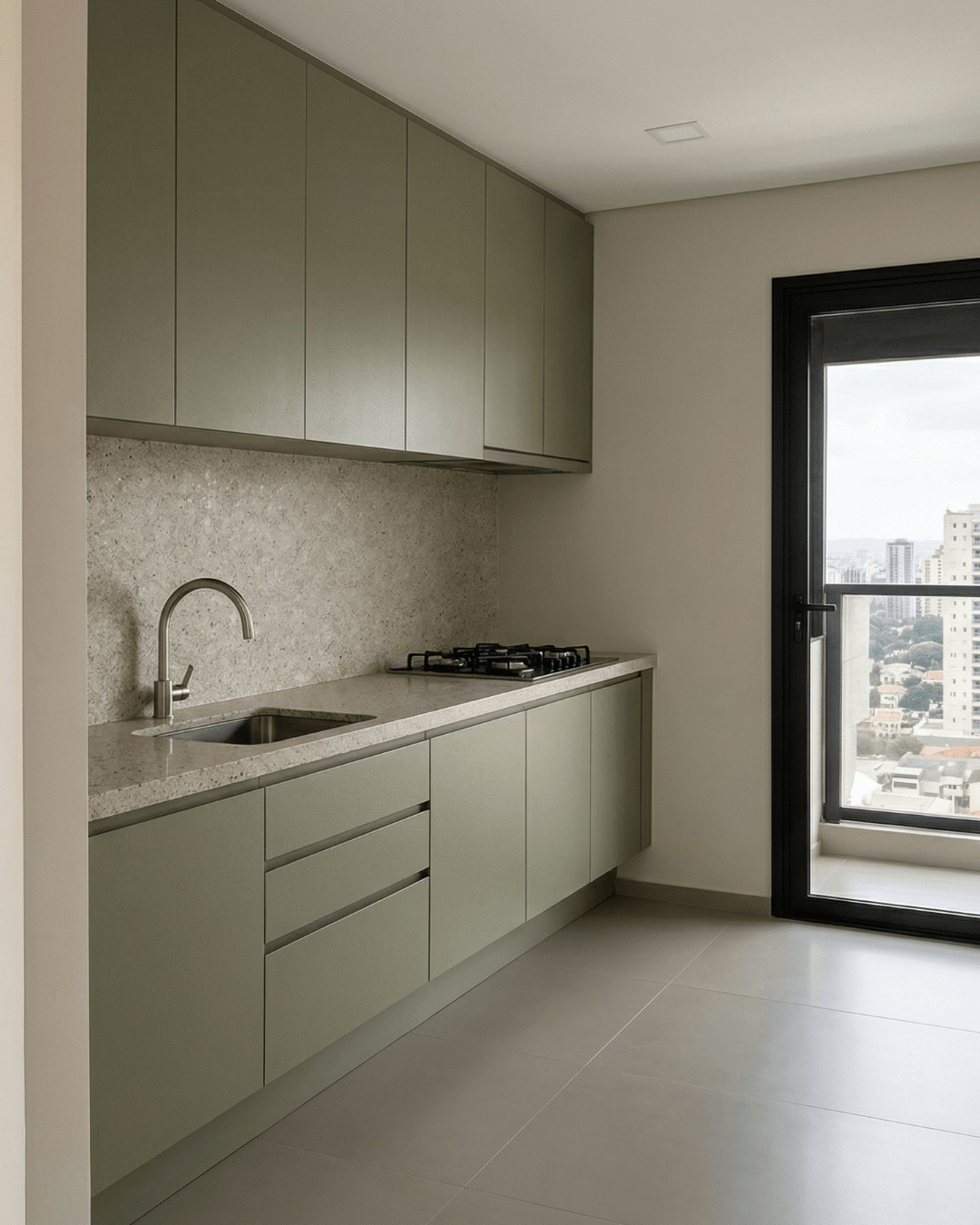 Cozinha planejada linear em verde suave.
