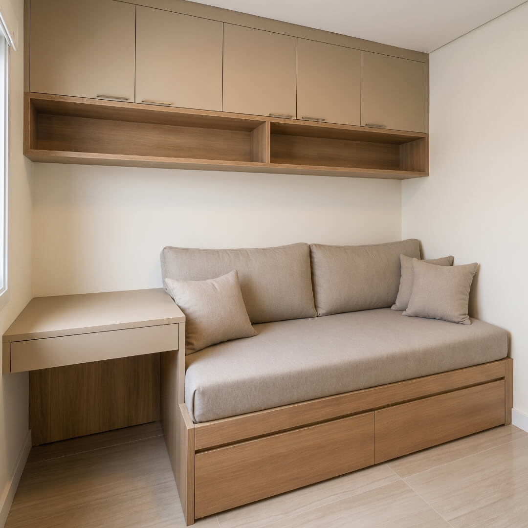 Home office com sofá, bancada e armário aéreo.
