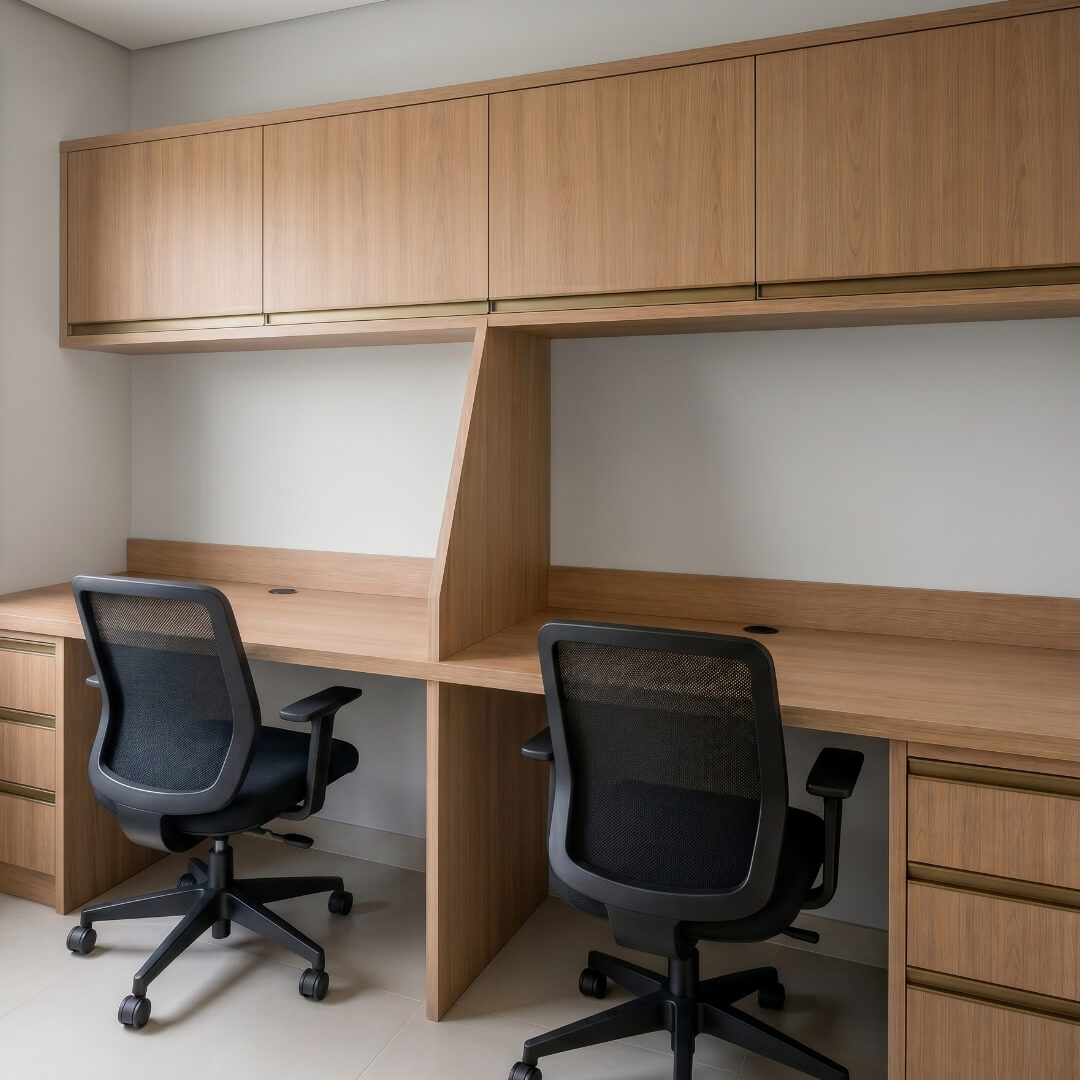 Home office duplo com bancada compartilhada.